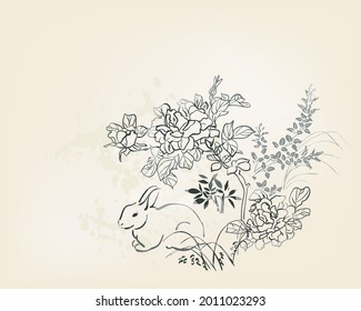 rabbit cute vector card japanese chinese nature ink illustration engraved sketch traditional
