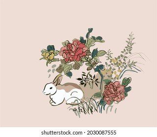 rabbit cute vector card japanese chinese nature ink illustration engraved sketch traditional textured colorful