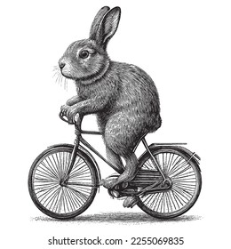 Rabbit Cycling Bicycle Vintage Illustration  Hand drawn rabbit  vector illustration in vintage engraving pen   ink style 