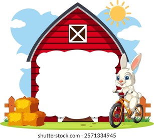 A rabbit cycling happily by a barn