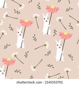 rabbit and daisy flower seamless cute pattern. For backdrop, wrapping paper, fabric, wallpaper. fashion prints. Printing with in hand drawn style Pastel background.