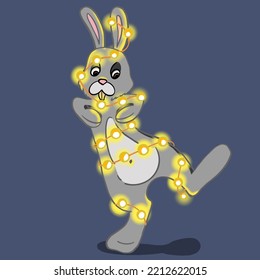 rabbit dancing with garland christmas illustration happy new year