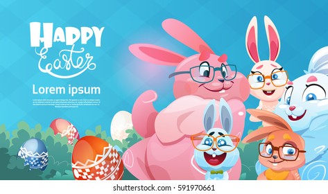 Rabbit Decorated Colorful Eggs Easter Holiday Symbols Greeting Card Vector Illustration
