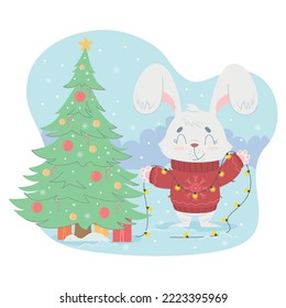 The rabbit decorates the Christmas tree. Cute character with decorations and gifts for winter holidays. Christmas vector illustration in flat cartoon style. Perfect for your Christmas cards