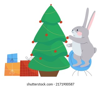 The rabbit decorates the Christmas tree with red balls. Preparation for the new year. Flat vector illustration. Eps10