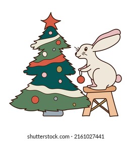 The rabbit decorates the Christmas tree. Vector illustration isolated on white background. Chinese New Year of the Rabbit. Festive design for cards, prints, stickers.