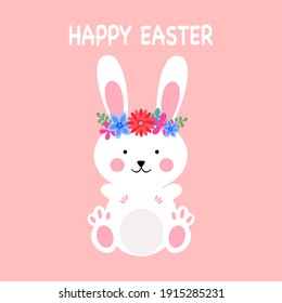 Rabbit with decorative flowers in flat design on pink background. Happy Easter concept.