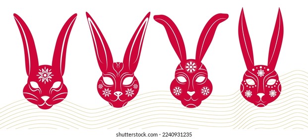 Rabbit decorative heads, symbols of the 2023 Year, decorations for Chinese New Year, hare heads silhouettes, vector illustration.