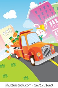 Rabbit delivers carrots in orange color truck cartoon illustration vector