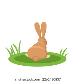 Diseño de conejo impreso. Conejo de Pascua. Conejo en la hierba. El conejo está sentado. Vista posterior. Conejo lindo sobre un fondo blanco. Vector de estilo plano.