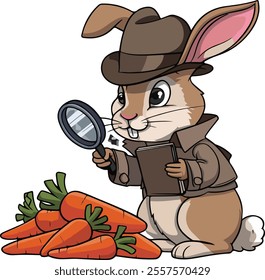 rabbit detective wearing a hat is looking at carrots with a magnifying glass and notepad.