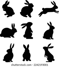 Rabbit in different positions clipart set. Easter bunny black silhouette collection. Isolated on white background. Vector illustration