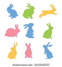 Rabbit in different positions clipart set. Easter bunny colorful silhouette collection. Isolated. Vector illustration