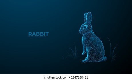 Rabbit. Digital polygon illustration of bunny. Isolated line and dots technology vector of hare. 3D wireframe coney on dark background. Eastern rabbit.