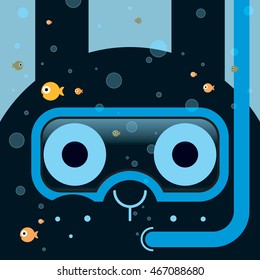 Rabbit diver, funny bunny picture, under the water, swimming fish, illustration for children, vector art