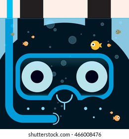 Rabbit diver, funny rabbit picture, under the water, swimming fish, illustration for children, vector art