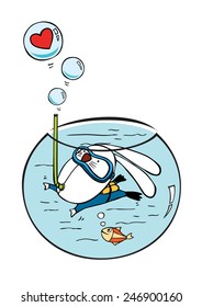 rabbit diving in mini aquarium  cartoon