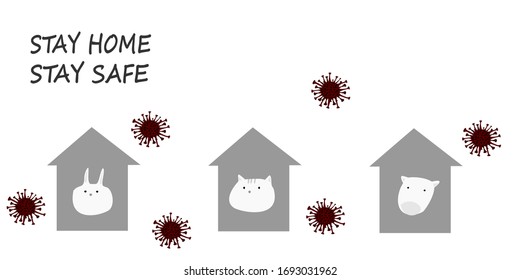Rabbit, dog and cat with house icon and there are corona viruses around.white background,vector illustration,covid-19,pets.