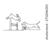 Rabbit and dog jump over hurdles in competition