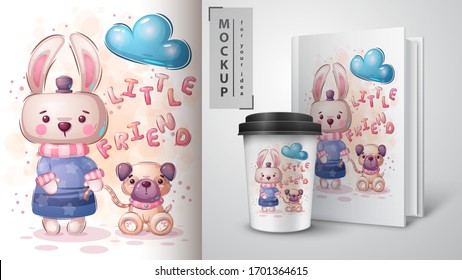 Rabbit with dog poster and merchandising. Vector eps 10