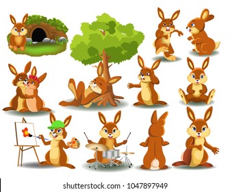 Rabbit doing different activities isolated on a white background