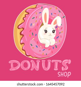 A rabbit in a donut. Donut shop logo. Vector graphics.