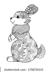 Rabbit doodle coloring book page. Easter bunny. Antistress for adult. Zentangle style. Chinese symbol of the year the rabbit in the eastern horoscope. Black and white illustration