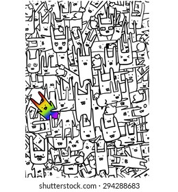 Rabbit Doodle With One Rainbow Hare