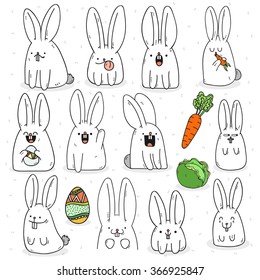 Rabbit doodle set 12 sticker with different cute emotions, handmade. Surprised animal for design Easter. Carrots and cabbage. 