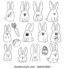 Rabbit Doodle Set 12 Sticker With Different Cute Emotions, Handmade. Surprised Animal For Design Easter. Carrots And Cabbage. 