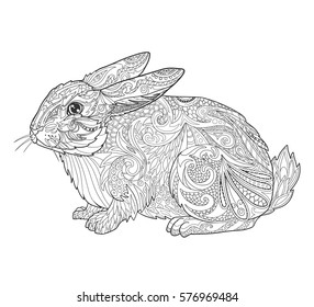 Rabbit in doodle style for coloring book page for adult. Vector illustration tribal animal isolated on white.