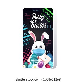 rabbit drawing on eggs happy easter bunny spring holiday concept greeting card lettering smartphone screen mobile app vector illustration