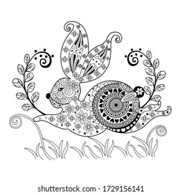 Conejo , dibujo, vector, ilustración, libro de coloración, arte de línea, zentángulo, animal, dibujo a mano de conejo, lllustation vectorial de lápiz blanco y negro sobre fondo blanco