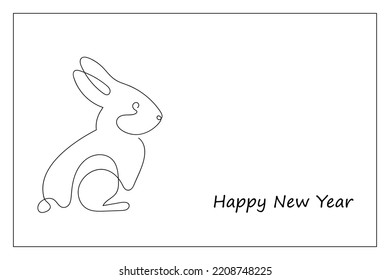 Rabbit drawn in one continuous line and inscription Happy New year. Greeting banner or postcard. Minimalist black linear sketch. Vector illustration.