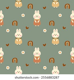 Rabbit in dress cartoon so cute. On rainbow flower heart green background. Pattern seamless vector illustration. 