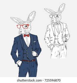 rabbit dressed up in classy style, anthropomorphic illustration, fashion animals