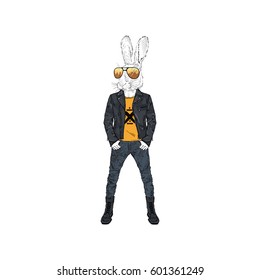 rabbit dressed up in punk style, hipster animal, furry art illustration