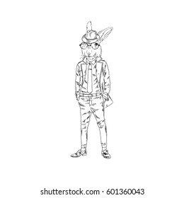 rabbit dressed up in trench coat, furry art illustration, fashion animal
