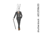rabbit dressed up in vintage tweed suit with walking stick, furry art illustration, fashion animals