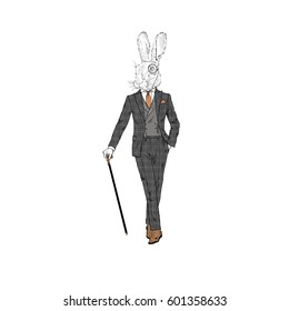 rabbit dressed up in vintage tweed suit with walking stick, furry art illustration, fashion animals