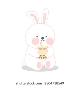 Rabbit drink bubble milk tea. On white background. Cartoon so cute. Vector illustration.
