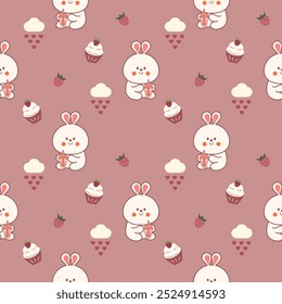 Rabbit drink bubble milk tea cartoon so cute. On cupcake strawberry heart cloud pink background. Pattern seamless vector illustration. 