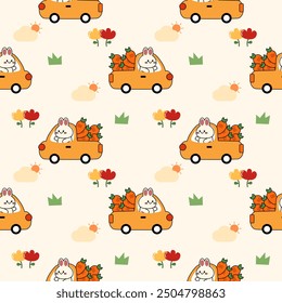 Rabbit drive truck carrot cartoon so cute. On grass flower cloud sun background. Pattern seamless vector illustration. 
