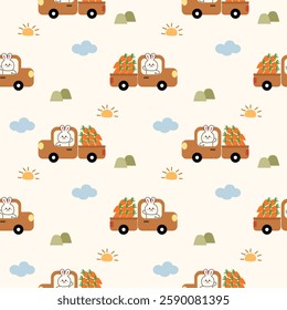 Rabbit drive truck carrot cartoon so cute. On sun mountain cloud background. Pattern seamless vector illustration. 