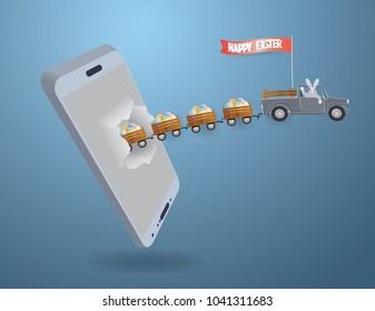 Rabbit is driving the car and drag the egg basket ejected from the phone on blue background,EASTER concept,vector and illustration.