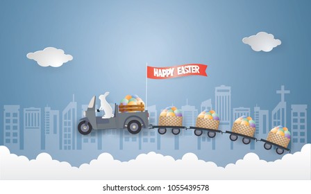 Rabbit is driving the car and drag the egg basket on the sky go to the city.EASTER DAY concept,vector and illustration.