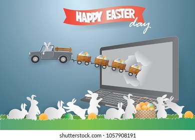 Rabbit Is Driving The Car And Drag The Egg Basket Ejected From The Laptop And Eggs In Basket On Grass Surrounded By Family Bunny In Nature Background.Easter Day Concept ,vector And Illustration.