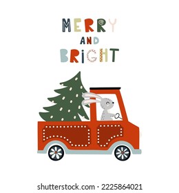 Rabbit driving a truck with a pine tree in it. Christmas concept. Cartoon vector style