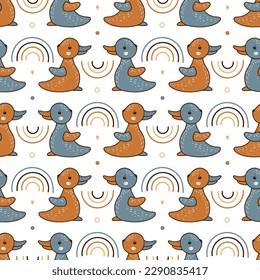 Rabbit or Duck. Childish Background of Funny optical illusion for kids with Cute bunny or duckling and rainbows. Baby seamless pattern. 