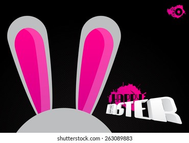 Rabbit ears and abstract inscription Happy Easter on a black background